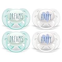 Philips AVENT Ultra Soft Pacifier 0-6 Months, Dreams and Happy Designs, 4 Pack, White/Green, SCF222/43