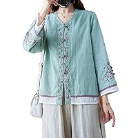 Women Chinese Blouse Cheongsam Shirt Spring Retro Button Shirt Top Art Embroidered Cotton Short Sleeve Loose Cardigan