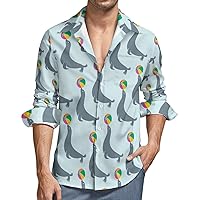 Seal Animal with Ball Men's Button Down T Shirts Long Sleeve Casual Hawaiian Shirt Pocket Print Top