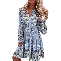 Womens Vintage Bohemian Tunic Dress Sexy Plus Size Dresses for Night Printed Tassel Tie Neck Loose Fit Sundresses