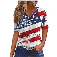 Womens American Flag Shirts Henley Button Up T Shirt 4th of July Patriotic Tees Fashion Short Sleeve V-Neck Blouse