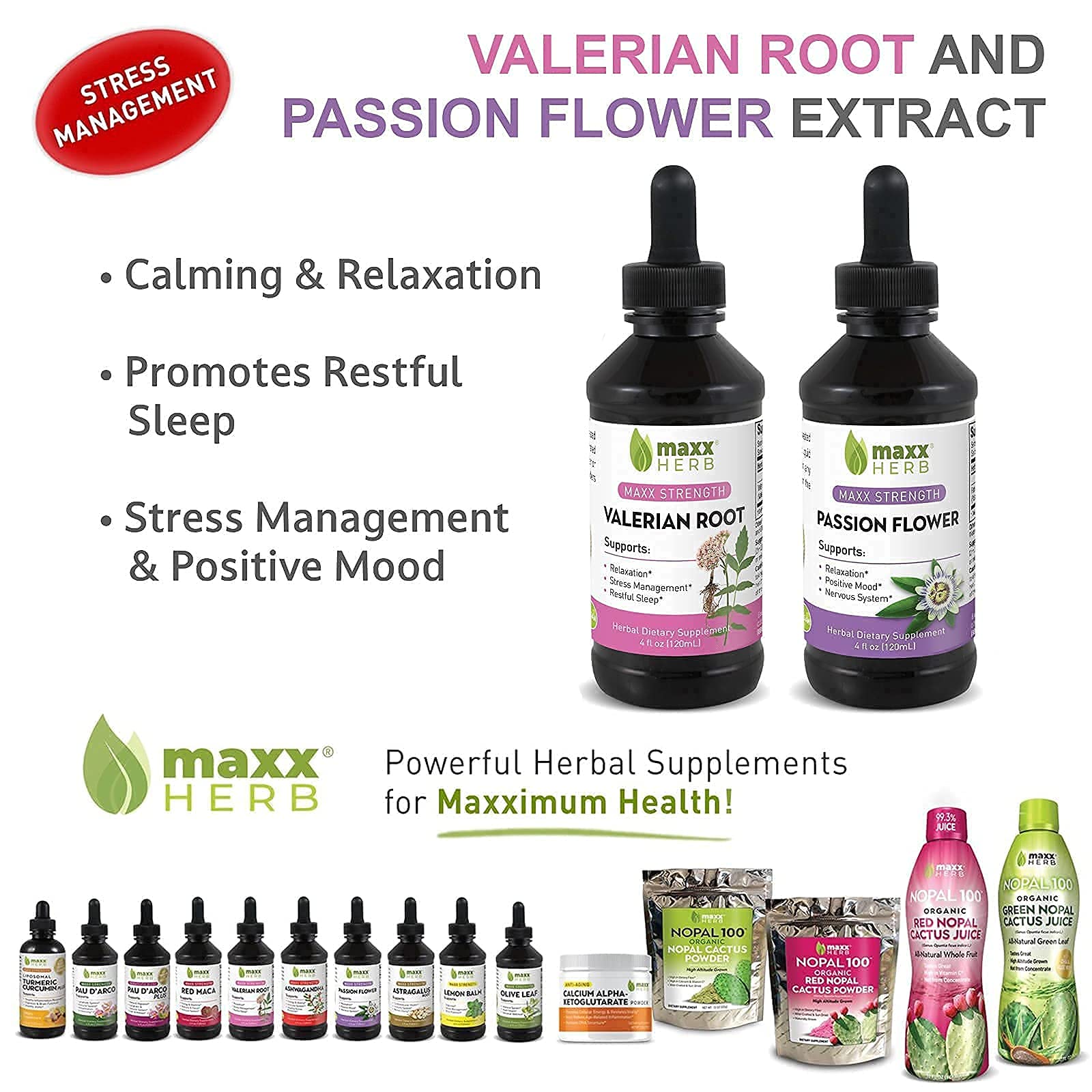 Maxx Herb Passion Flower Extract + Valerian Root Extract - for Relaxation and Stress Management, Alcohol-Free - (1 Each) 4 Oz Bottle (60 Servings)
