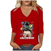 Autism Mom Shirts for Women 3/4 Sleeve V Neck Casual Tops Autism Awareness Support Gifts Summer Tees Pullover