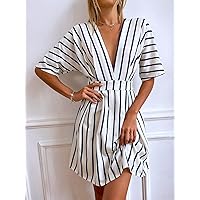 TLULY Dress for Women Striped Plunging Neck Fold Pleated Detail Dress (Color : Blue and White, Size : Small)