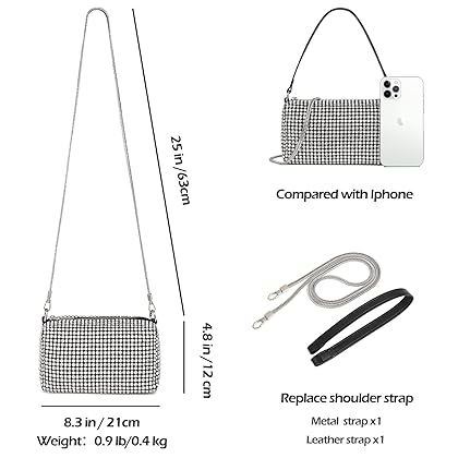 Rhinestone Bling Bag Purse Sliver Clutch Sparkly Crossbody Bags for Women Crystal Glitter Handbag for Party Prom Wedding