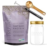 Truvani Vegan Unflavored Protein Powder with Jar, Frother & Scoop Bundle - 20g of Organic Plant Based Protein Powder - Includes Glass Jar, Portable Mini Electric Whisk & Durable Protein Powder Scoop