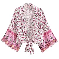 Vintage Floral Print Sashes Short Kimono Women Ladies Blouses Casual V Neck Batwing Sleeves Bohemian Cover-Up