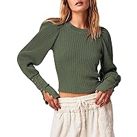 Women's Puff Long Sleeve Shirts Trendy Waffle Knit Tops Crewneck Casual Loose Blouses