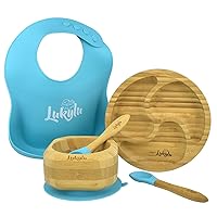 Lukylu-Suction Plates for Baby -5pc Set- Bamboo Baby Dish Set -Bamboo Baby Bowl-Bamboo Baby Plate -Bamboo Kids Plates -Baby Plates for Kids- Bamboo Toddler Plates-Training Plate- Blue