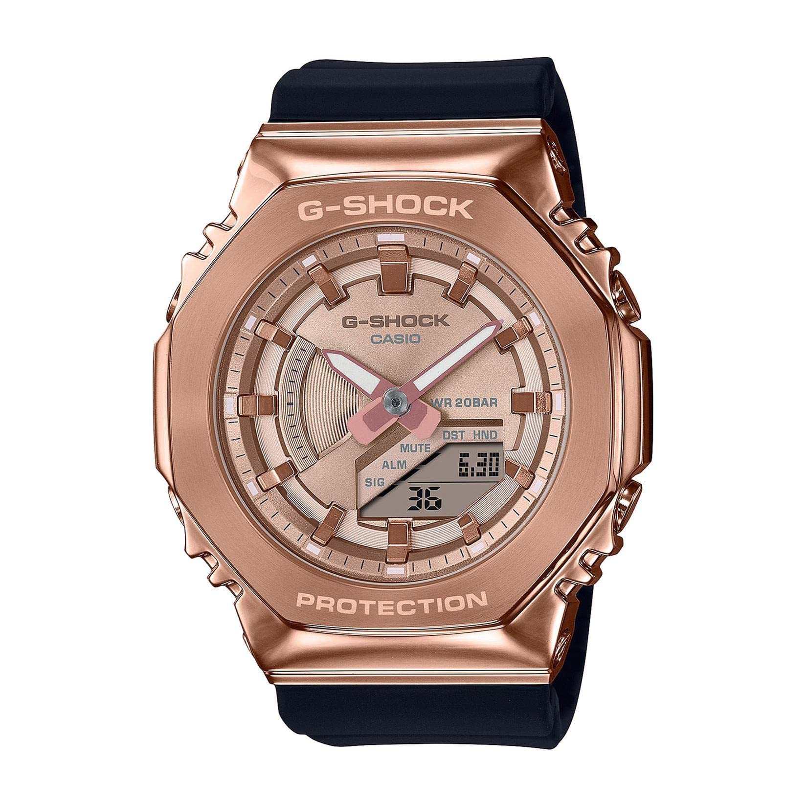 G-Shock Ladies' Casio Rose Gold-Tone Metal Covered Octagonal Black Resin Band Watch GMS2100PG-1A4