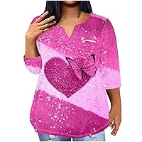 V Neck Summer Tops Womens Heart Print Graphic Tee Shirts Three Quarter Sleeve Oversized Tunics Loose Casual Blouse