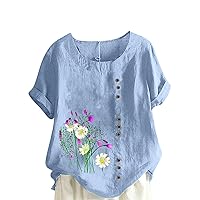 Women's Cotton Linen Blouses Dressy Casual Short Sleeve Summer Tops Loose Fit Short Sleeve Crewneck Printed Tshirts Plus Size
