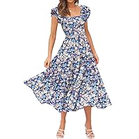 DOROSE Women's Summer Floral Dress Square Neck Smocked Boho Midi Dress Ruffle Tie Back Flowy Beach Long Tiered Dress