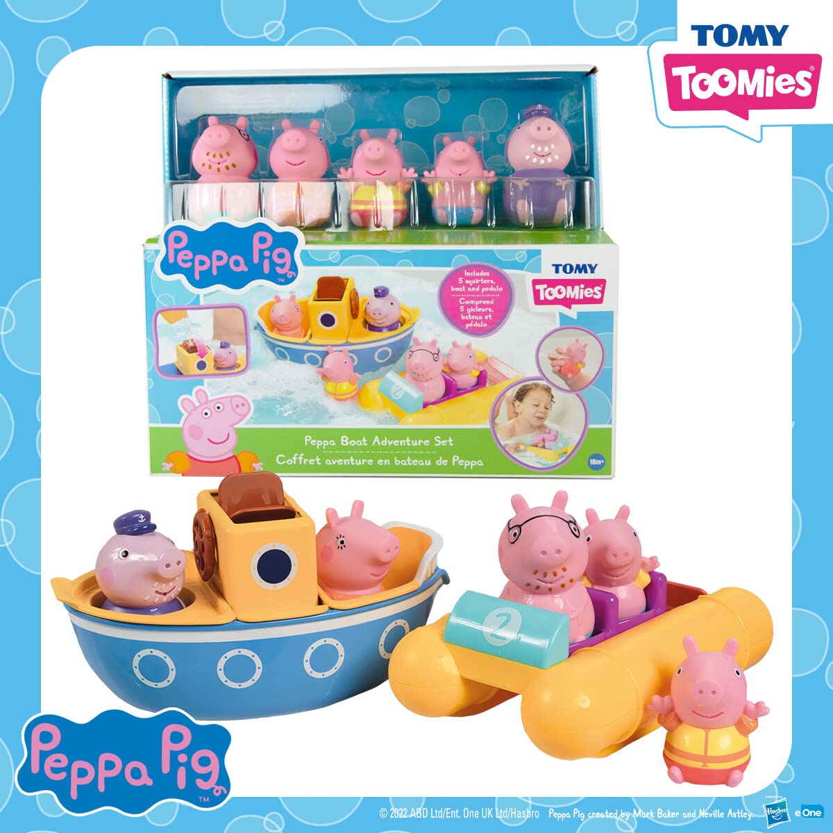 TOMY Toomies Peppa Pig Bath Toys — Peppa’s Boat Adventure Bath Toy Set — Includes Two Boats and 5 Peppa Pig Toy Figures — Baby and Toddler Bath Toys for 18 Months and Up