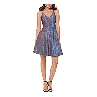 Xscape Womens Silver Glitter Zippered Spaghetti Strap V Neck Mini Evening Fit + Flare Dress 6
