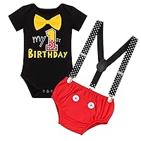 Mouse First Birthday Cake Smash Photo Props Outfit for Baby Boys Gentleman Romper Suspenders Shorts Halloween Baby Shower Mouse Themed Birthday Party Supply Black Button - My 1st Birthday 9-12 Months