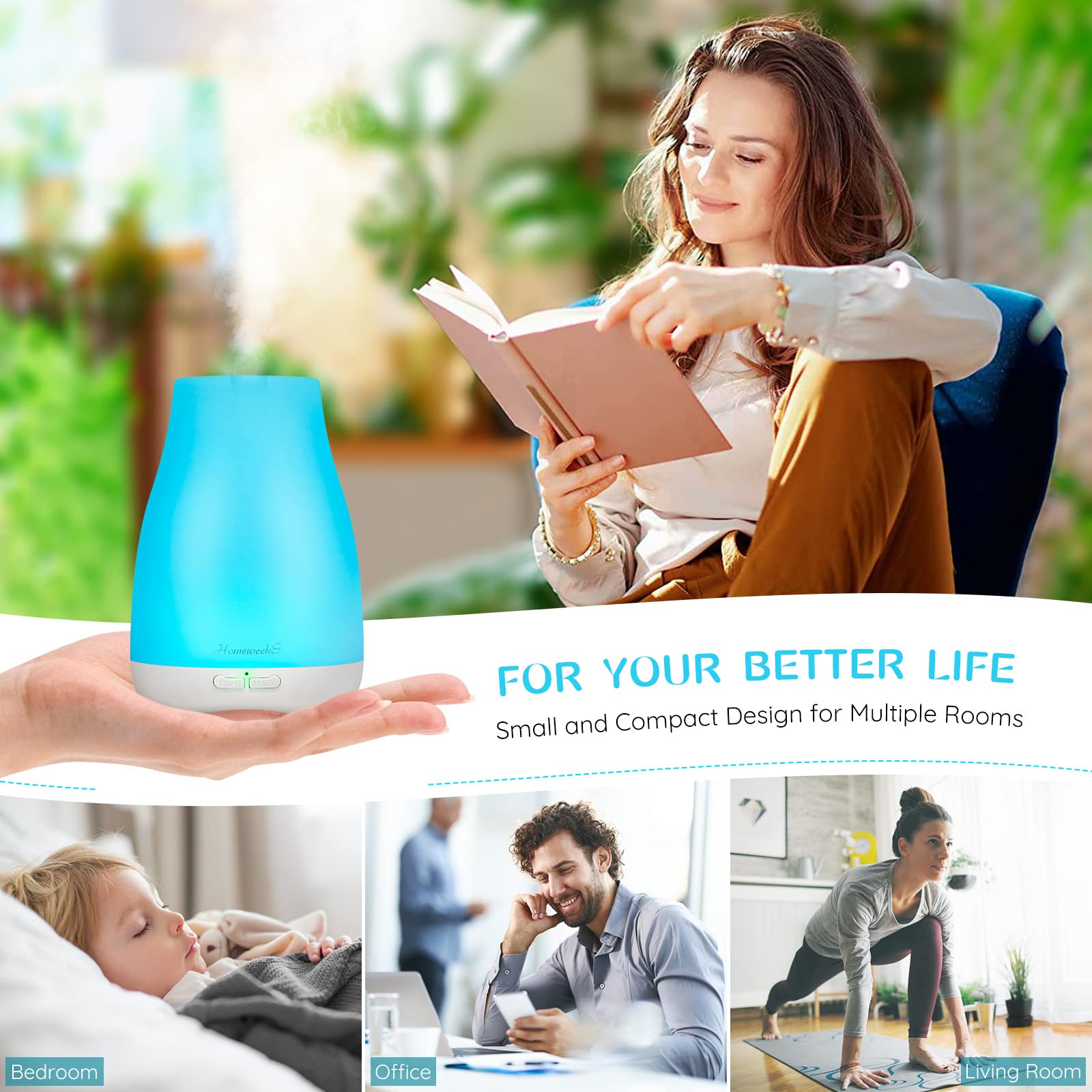 Homeweeks Diffusers, 100ml Colorful Essential Oil Diffuser with Adjustable Mist Mode,Auto Off Aroma Diffuser for Bedroom/Office/Trip (100 ML 1 Pack)
