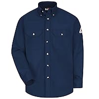 Bulwark Flame Resistant 7 oz Cotton/Nylon Excel FR ComforTouch Long Dress Uniform Shirt with Tailored Sleeve Plackets, Topstitched Cuff, Navy, Medium