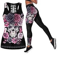 Women’s Sugar Skull Yoga Outfits for Women 2 Piece Sets, Sleeveless Tank Tops Leggings Workout Activewear for Girls