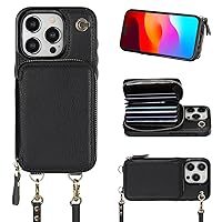 Bocasal Crossbody Wallet Case for iPhone 15 Pro, RFID Blocking Leather Purse Case with Card Holder, Protective Handbag Flip Cover with Zipper Wrist Strap Lanyard for Women 5G 6.1 Inch (Black)