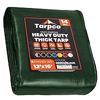 Tarpco Safety Extra Heavy Duty 14 Mil Tarp Cover, Waterproof, UV Resistant, Rip and Tear Proof, Poly Tarpaulin with Reinforced Edges for Roof, Camping, Patio, Pool, Boat (Green/Black 12′ X 16′)