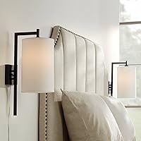 Possini Euro Design Bixby Modern Wall Mounted Lamps Set of 2 with Cord Black Metal Plug-in Light Fixture White Fabric Drum Shades for Bedroom Bedside House Reading Living Room Home Hallway Dining