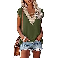 Womens Cap Sleeve Summer Tops 2024 Trendy Tank Tops Lace V Neck Loose Fit Shirts
