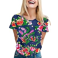 Button Down Shirts for Women Trendy Womens Casual Dongbei Big Flower Printed Short Sleeve O Neck T Shirt Top T