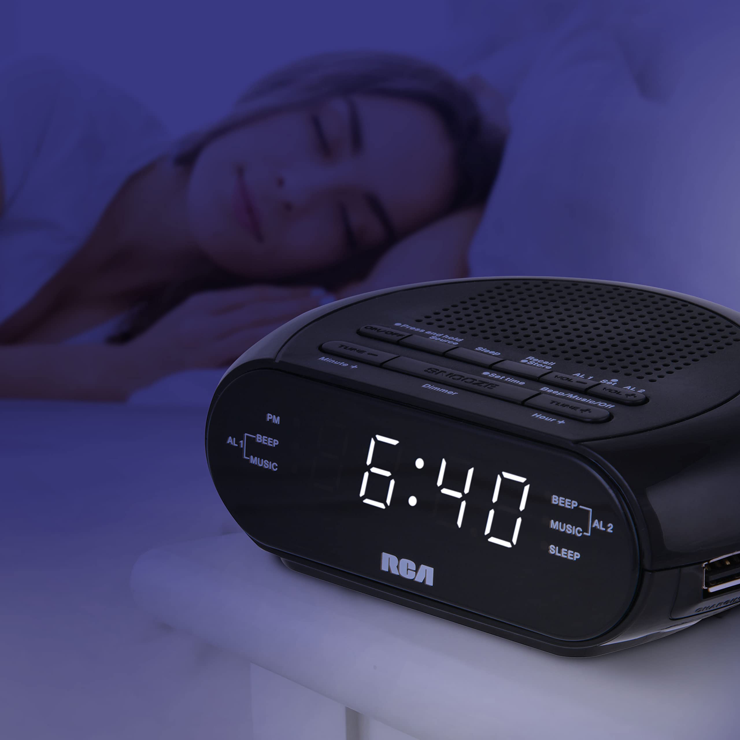 RCA RCS27 Digital Radio Alarm Clock with Soothing Sounds, Brightness Control, and USB Charging Port