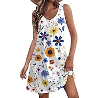 Summer Sun Dresses for Women 2024 Floral Dress for Women 2024 Summer Vintage Casual Trendy Beach Slim Fit with Sleeveless V Neck Tank Dresses White 3X-Large