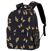 Yellow Butterfly Black Background School Backpack Medium Size, Travel Bag For Women Girls Men Boys Teens