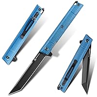 Flipper Pocket Folding Knife,DC53 Steel Blade and Blue Micarta Handle. With pocket clip and glass breaker,men's pocket knife hiking trip EDC tool Knife