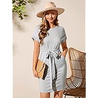 2023 Women's Dresses Striped Batwing Sleeve Belted Dress Women's Dresses (Color : Multicolor, Size : X-Large)