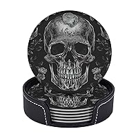 Skull Skeleton Print Coasters Leather Drink Coasters Set of 6 Heat Resistant Bar Coasters with Storage Case Round Cup Mat Pad for Living Room Kitchen Office Gift