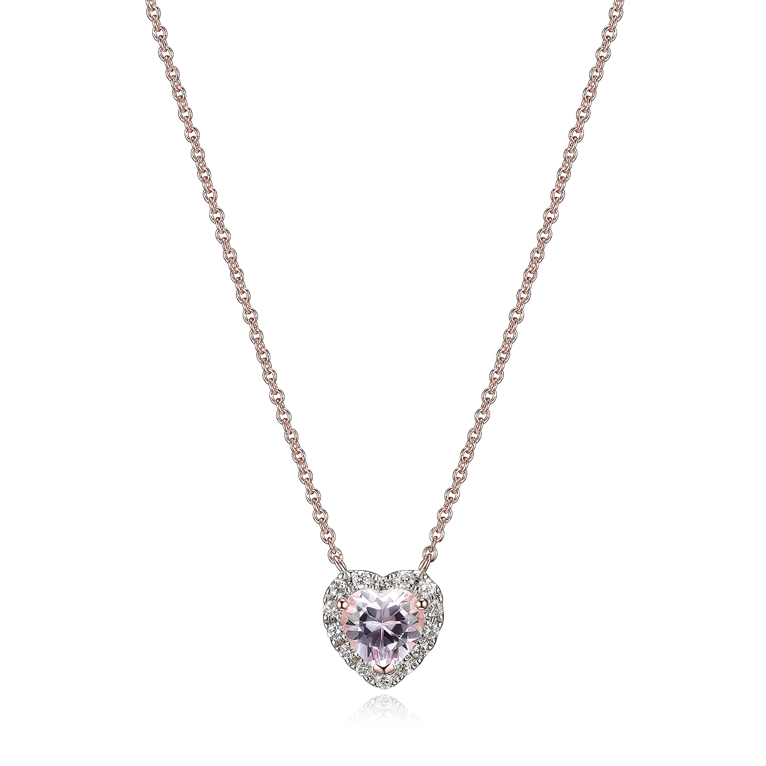 Amazon Collection 18 Karat Rose Gold Over Sterling Silver Created Pink Sapphire and 1/5th Carat Total Weight Lab Grown Diamond Heart Halo Necklace, 18 Inches with 2 Inch Extender