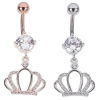 2pcs Crown Belly Button Crystal Princess Queen Tiara Belly Navel Ring Curved Barbell Stainless Steel Navel Piercing Jewelry for Womens Girl