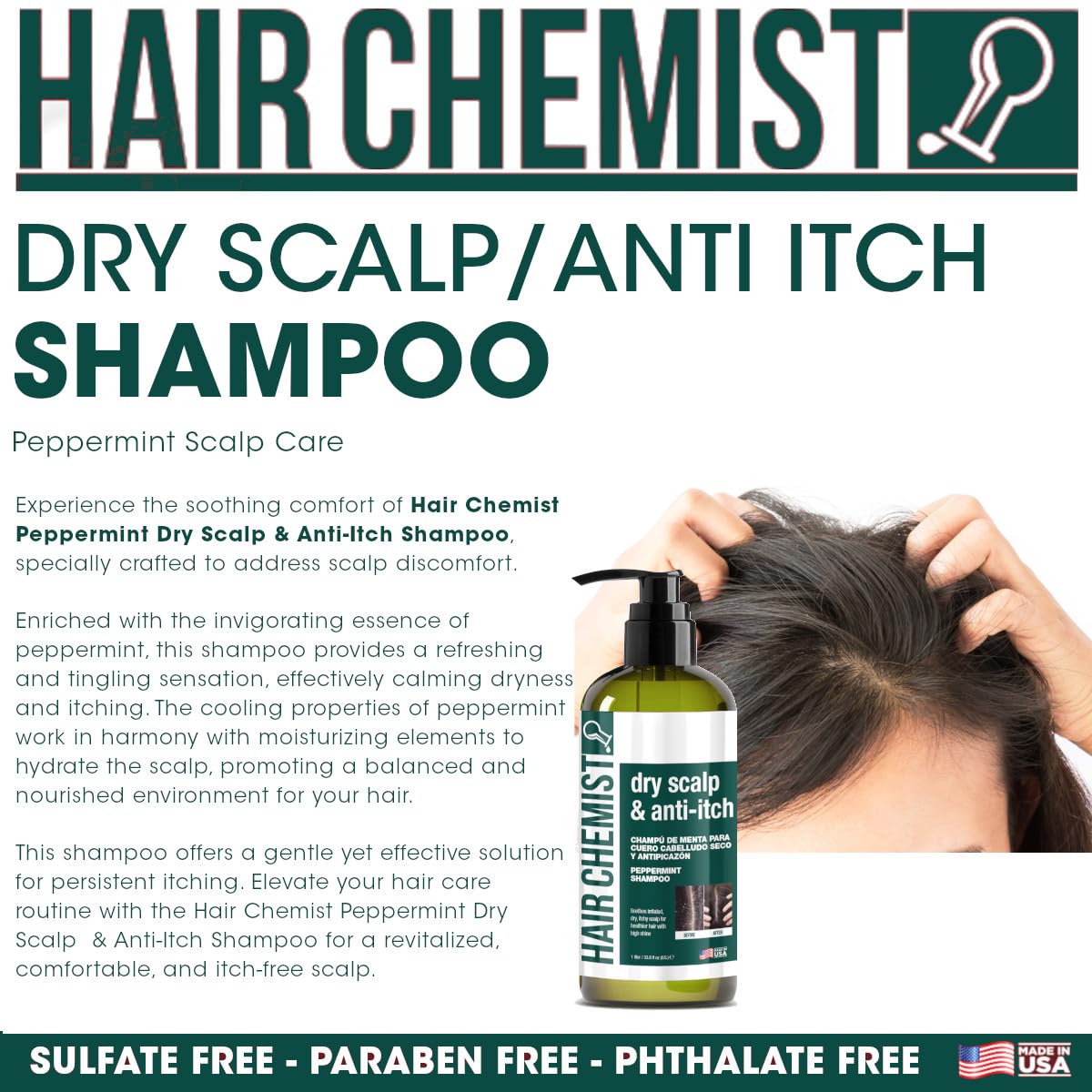 Hair Chemist Peppermint Shampoo for Dry Scalp & Anti-Itch Relief 33.8 oz. - Nourishing Formula that Soothes Irritated, Dry Scalp, Sulfate Free Shampoo Made with Natural Ingredients