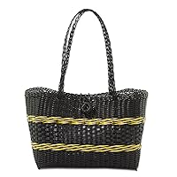 NOVICA Handmade Tote Eco Friendly from Guatemala Recycled Plastic Handbags Black Yellow Patterned 'Walk in The Park'