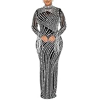Womens Sexy Long Tassel Sleeve Turtleneck Mesh Rhinestones Bodycon Party Clubwear Prom Gown Dress