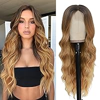 NAYOO Long Ombre Honey Blonde Wavy Wig for Women 26 Inch Middle Part Curly Wavy Wig Natural Looking Synthetic Heat Resistant Fiber Wig for Daily Party Use (Ombre Honey Blonde)