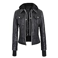 Black Leather Jacket Women with Removable Hood - Real Lambskin Womens Leather Jacket