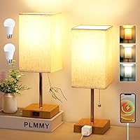 Bedside Table Lamp for Bedroom Nightstand, 3 Color Nightstand Lamps Set of 2 with AC Outlets, Square Pull Chain Bedside Lamp for Living Room, Office Desk, LED Bulb Included