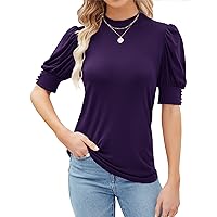 Qirno Womens Mock Neck Short Sleeve Tops Turtle Neck Puff Sleeve Bloulse Classic Button Cuffs Solid Basic T Shirt