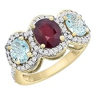 PIERA 10K Yellow Gold Natural Quality Ruby & Aquamarine 3-stone Mothers Ring Oval Diamond Accent, size 5-10