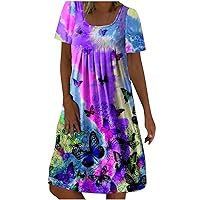 Women O-Neck Butterfly Floral Print Dress Short Sleeve Casual Loose Dress