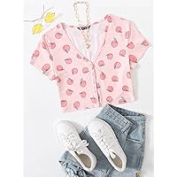 Women's T-Shirt V-Neck Button Placket Allover Peach Print Tee T-Shirt for Women (Color : Baby Pink, Size : X-Small)