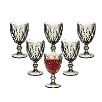 Vintage Wine Glasses Set of 6, 10 Ounce Colored Glass Water Goblets, Unique Embossed Pattern High Clear Stemmed Glassware Wedding Party Bar Drinking Cups Grey 1