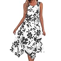 Sundresses for Women 2024 Summer Casual Fashion Round Neck Sleeveless Floral Print Irregular Hem Midi Dress