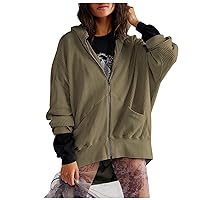 Womens Oversized Waffle Knit Hoodies Zip Up Drop Shoulder Long Sleeve Jacket Casual Fashion Outwear with Pockets