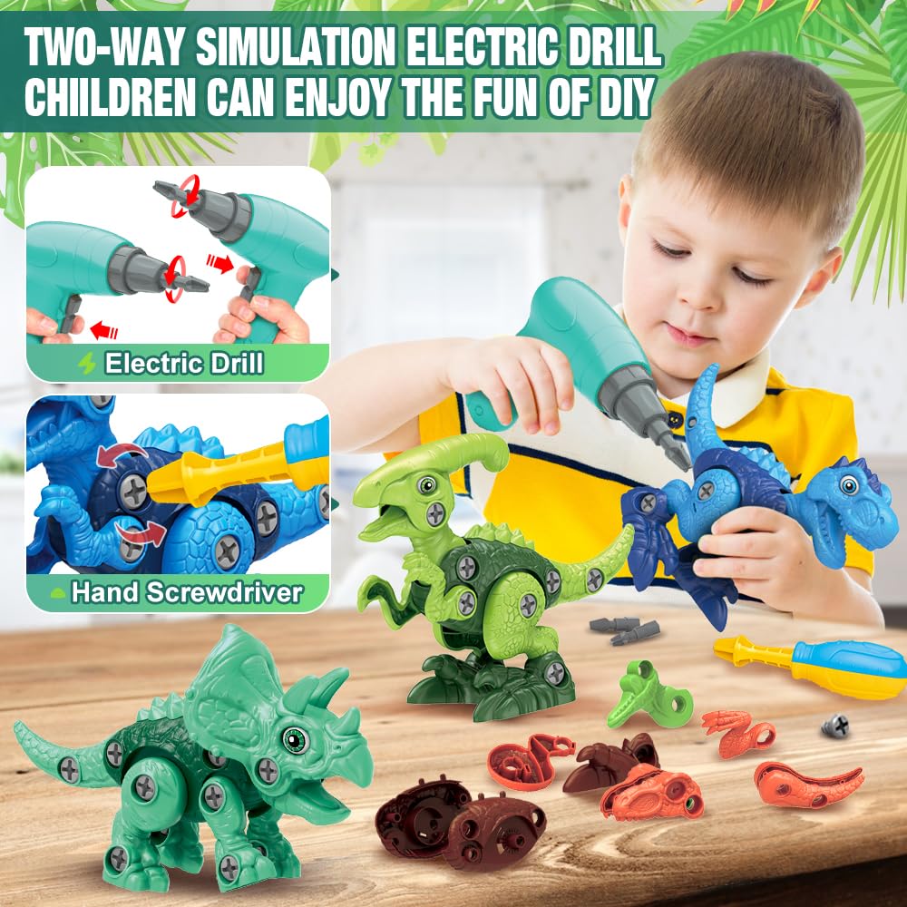 Officygnet Dinosaur Toys for 3 4 5 6 7 Year Old Boys, Take Apart Dinosaur Toys for Kids 3-5 5-7, STEM Construction Building Kids Toys with Electric Drill, Ideal Dinosaur Party Birthday